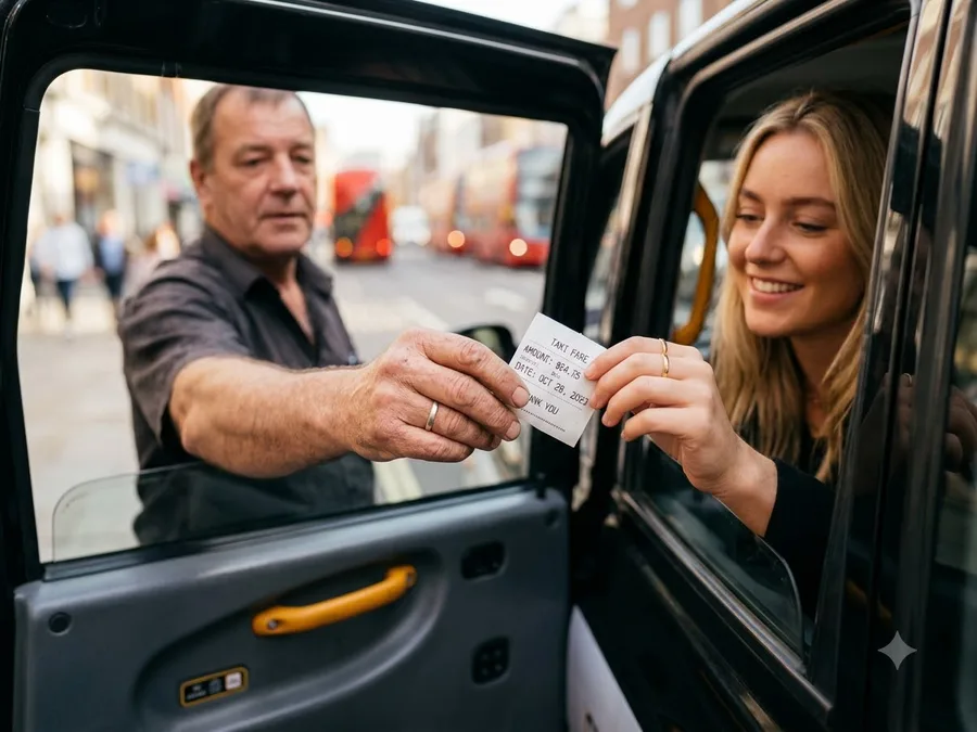 Close, warm detail shot: a driver handing a printed fare slip to a passenger through the open rear door, hands and paper