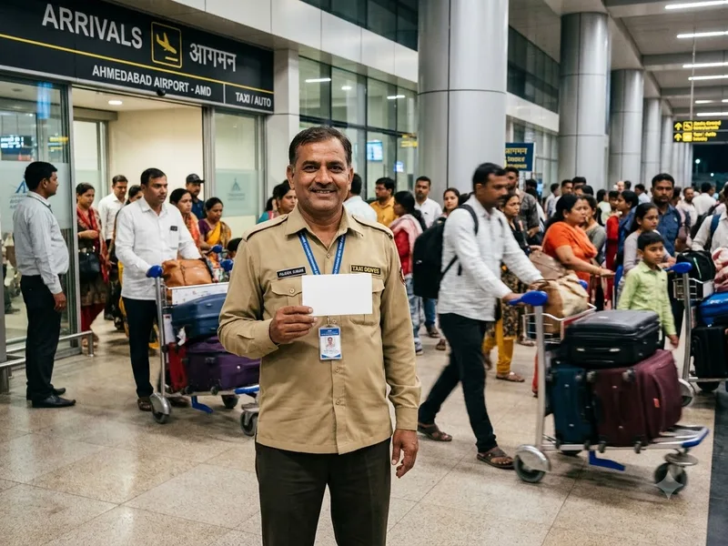 Uniformed driver holding a name card at Ahmedabad airport arrivals